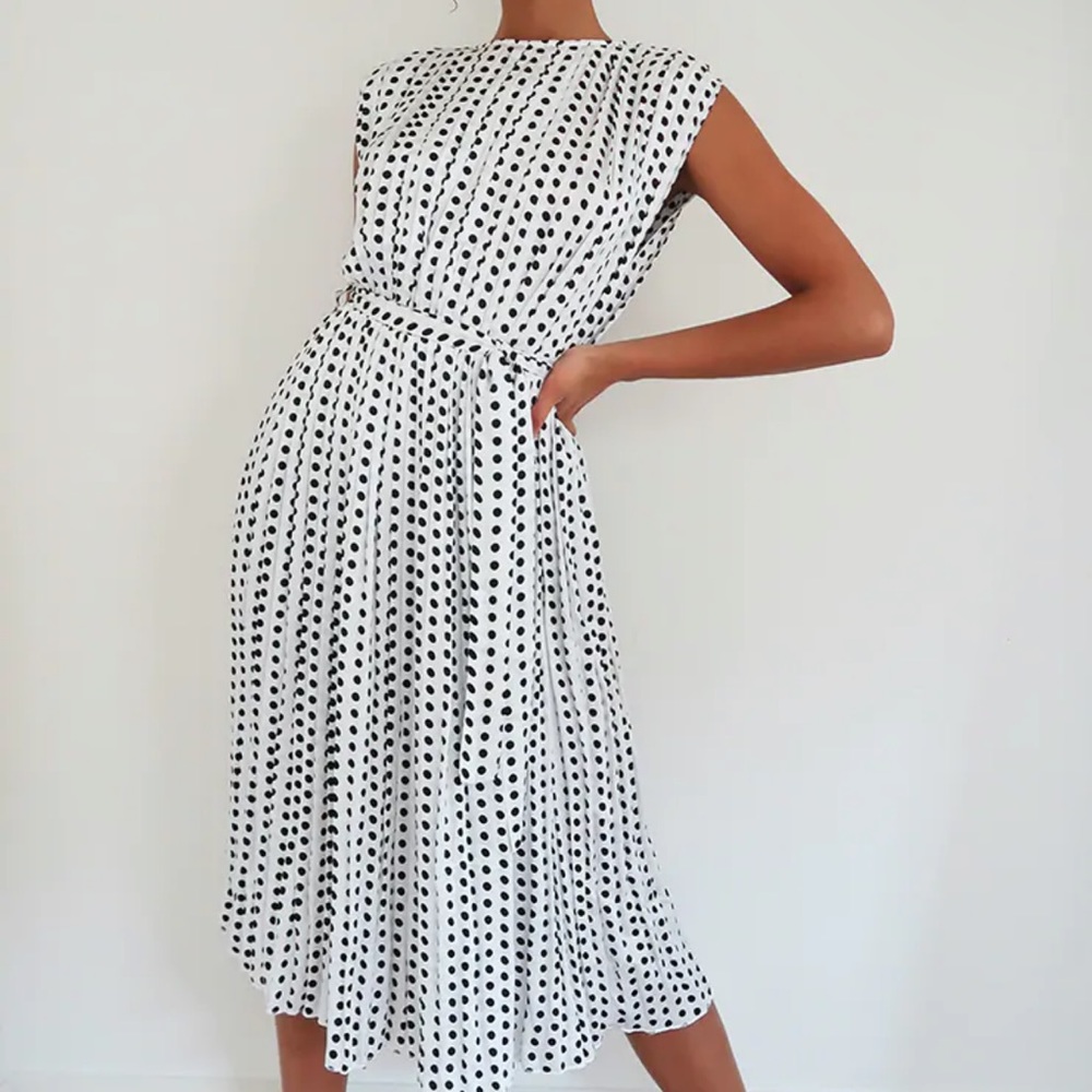 White Polka Dot Pleated Sleeveless Midi Dress